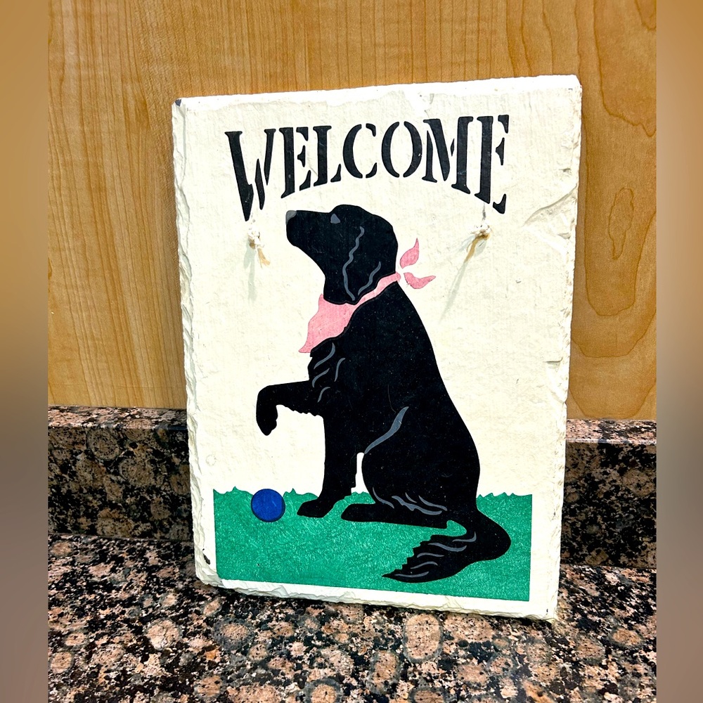 Slate Welcome Sign with Black Dog
